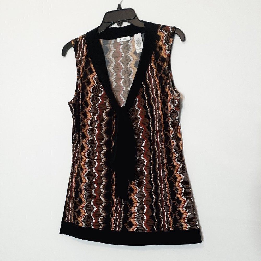 Liz & CO. Jersey Knit Formal Tank Top; Neck Tie; Low Neck; Brown/Black; Size M